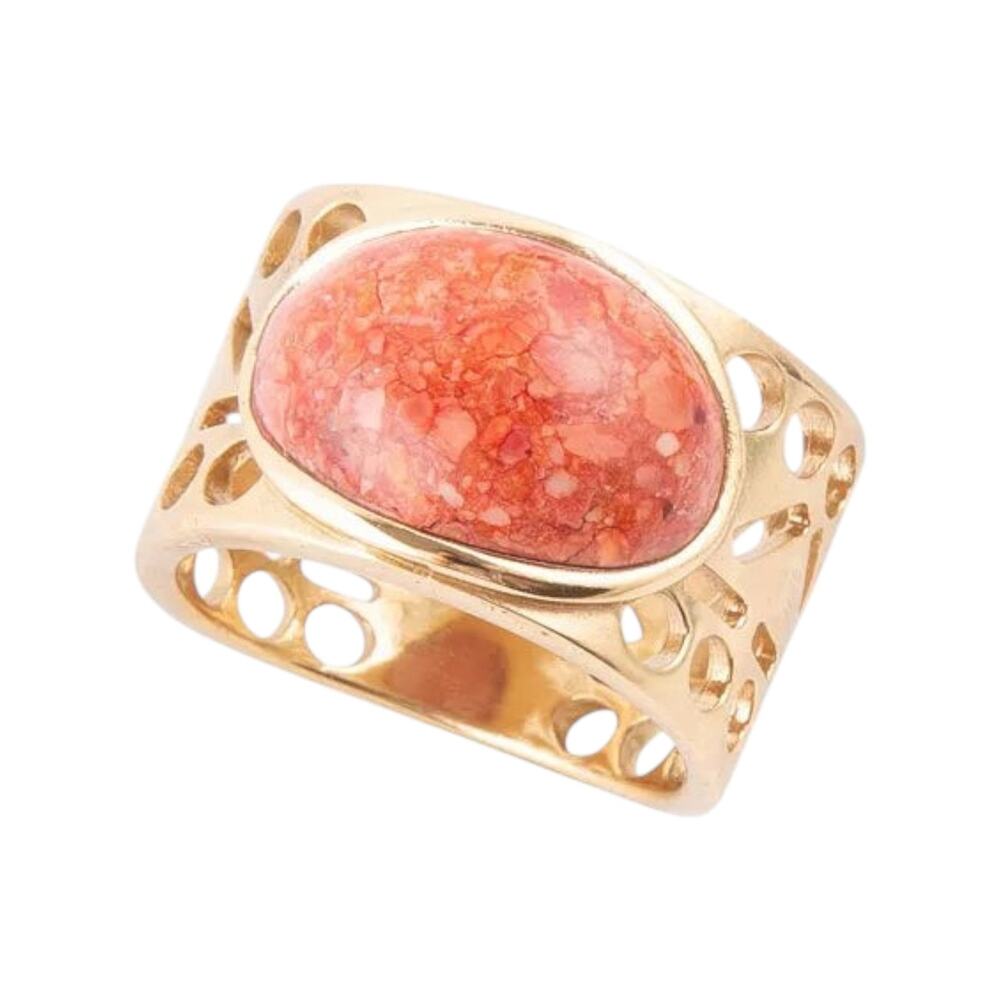 Barse Pharaoh Genuine Sponge Coral Orange Egyption Oval Band Ring